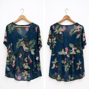 Torrid Womens Plus Size 3 Teal Blue Tropical Floral Chiffon Babydoll Blouse Top